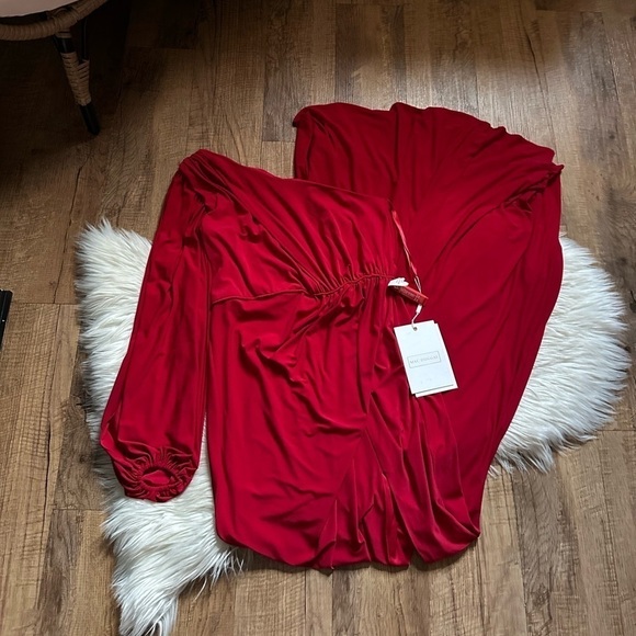 MAC DUGGAL One Shoulder Puff Sleeve Faux Wrap Gown - Picture 2 of 6